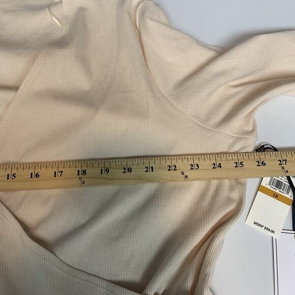 1. STATE Shirt Womens 3X Surplice Ribbed Cream Balletcore Faux Wrap Sleeve Ties - Picture 6 of 9